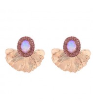 Shining Glass Inlaid Oval Shape Floral Design Bohemian Fashion Exaggerated Wholesale Earrings - Pink