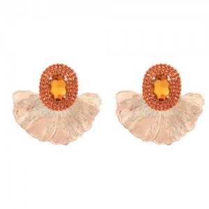 Shining Glass Inlaid Oval Shape Floral Design Bohemian Fashion Exaggerated Wholesale Earrings - Yellow