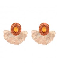 Shining Glass Inlaid Oval Shape Floral Design Bohemian Fashion Exaggerated Wholesale Earrings - Yellow