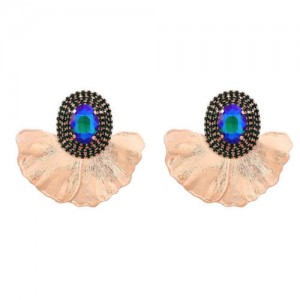 Shining Glass Inlaid Oval Shape Floral Design Bohemian Fashion Exaggerated Wholesale Earrings - Green