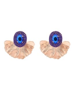 Shining Glass Inlaid Oval Shape Floral Design Bohemian Fashion Exaggerated Wholesale Earrings - Blue