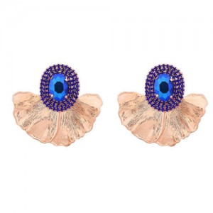 Shining Glass Inlaid Oval Shape Floral Design Bohemian Fashion Exaggerated Wholesale Earrings - Blue