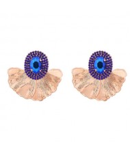 Shining Glass Inlaid Oval Shape Floral Design Bohemian Fashion Exaggerated Wholesale Earrings - Blue