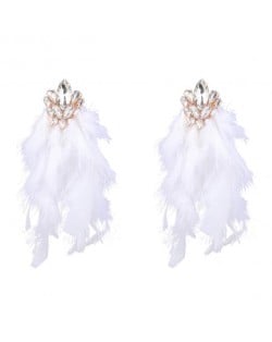 Bohemian Fashion Long Feather Rhinestone Floral Wholesale Earrings - White