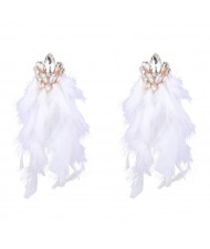 Bohemian Fashion Long Feather Rhinestone Floral Wholesale Earrings - White