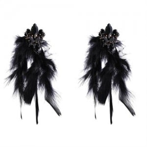 Bohemian Fashion Long Feather Rhinestone Floral Wholesale Earrings - Black