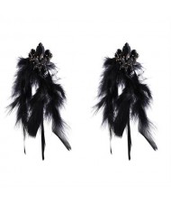Bohemian Fashion Long Feather Rhinestone Floral Wholesale Earrings - Black