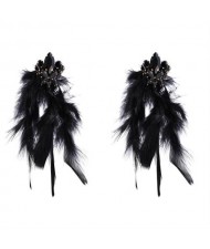 Bohemian Fashion Long Feather Rhinestone Floral Wholesale Earrings - Black