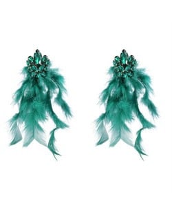 Bohemian Fashion Long Feather Rhinestone Floral Wholesale Earrings - Green