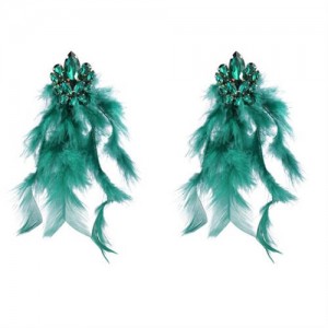 Bohemian Fashion Long Feather Rhinestone Floral Wholesale Earrings - Green
