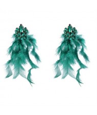 Bohemian Fashion Long Feather Rhinestone Floral Wholesale Earrings - Green