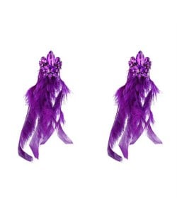 Bohemian Fashion Long Feather Rhinestone Floral Wholesale Earrings - Purple