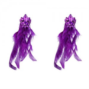Bohemian Fashion Long Feather Rhinestone Floral Wholesale Earrings - Purple