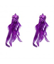 Bohemian Fashion Long Feather Rhinestone Floral Wholesale Earrings - Purple