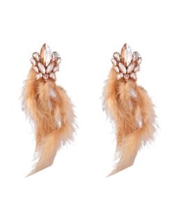 Bohemian Fashion Long Feather Rhinestone Floral Wholesale Earrings - Champagne