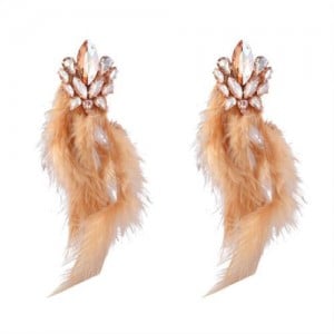 Bohemian Fashion Long Feather Rhinestone Floral Wholesale Earrings - Champagne