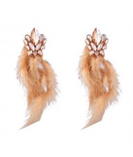 Bohemian Fashion Long Feather Rhinestone Floral Wholesale Earrings - Champagne