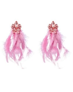 Bohemian Fashion Long Feather Rhinestone Floral Wholesale Earrings - Pink