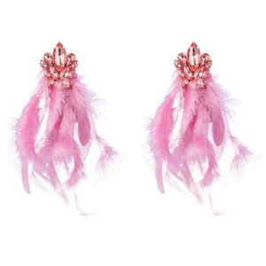 Bohemian Fashion Long Feather Rhinestone Floral Wholesale Earrings - Pink