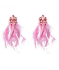 Bohemian Fashion Long Feather Rhinestone Floral Wholesale Earrings - Pink