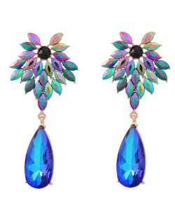 Rhinestone Flower and Waterdrop Combo Design Wholesale Women Fashion Earrings - Luminous Blue