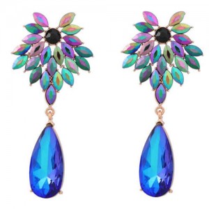 Rhinestone Flower and Waterdrop Combo Design Wholesale Women Fashion Earrings - Luminous Blue