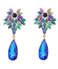 Rhinestone Flower and Waterdrop Combo Design Wholesale Women Fashion Earrings - Luminous Blue