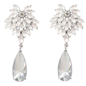 Rhinestone Flower and Waterdrop Combo Design Wholesale Women Fashion Earrings - Silver