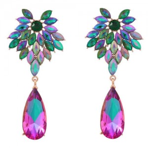 Rhinestone Flower and Waterdrop Combo Design Wholesale Women Fashion Earrings - Green