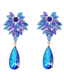 Rhinestone Flower and Waterdrop Combo Design Wholesale Women Fashion Earrings - Blue
