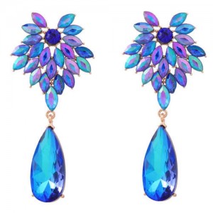 Rhinestone Flower and Waterdrop Combo Design Wholesale Women Fashion Earrings - Blue