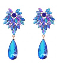 Rhinestone Flower and Waterdrop Combo Design Wholesale Women Fashion Earrings - Blue