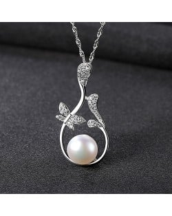 Vintage Butterfly Petal Design Natural Pearl Pendant 925 Sterling Silver Necklace - Purple