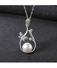 Vintage Butterfly Petal Design Natural Pearl Pendant 925 Sterling Silver Necklace - Purple