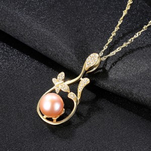 Vintage Butterfly Petal Design Natural Pearl Pendant 925 Sterling Silver Necklace - Pink