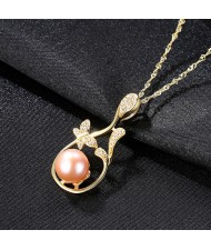 Vintage Butterfly Petal Design Natural Pearl Pendant 925 Sterling Silver Necklace - Pink