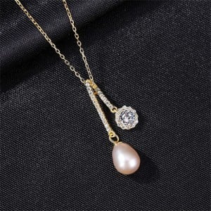 Flower and Natural Pearl Pendant 925 Sterling Silver Fashion Necklace - Purple