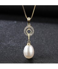 Zirconia Inlaid Natural Pearl Pendant 18K Gold Plated 925 Sterling Silver Necklace - White