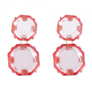 Retro Fashion Octagon Resin Women Wholesale Costume Earrings - Red