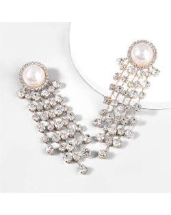 Pearl and Rhinestone Inlaid European and American Creative Fashion Wholesale Tassel Earrings - Golden