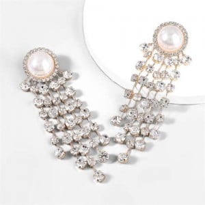 Pearl and Rhinestone Inlaid European and American Creative Fashion Wholesale Tassel Earrings - Golden