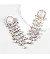 Pearl and Rhinestone Inlaid European and American Creative Fashion Wholesale Tassel Earrings - Golden