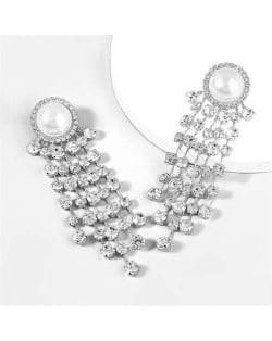 Pearl and Rhinestone Inlaid European and American Creative Fashion Wholesale Tassel Earrings - Silver