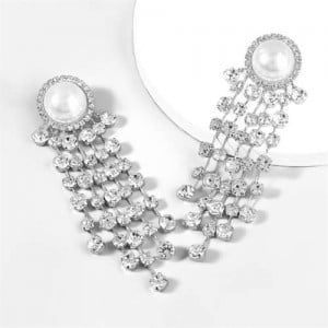 Pearl and Rhinestone Inlaid European and American Creative Fashion Wholesale Tassel Earrings - Silver