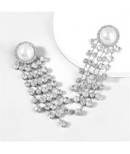 Pearl and Rhinestone Inlaid European and American Creative Fashion Wholesale Tassel Earrings - Silver