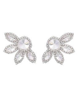 Super Shining Floral Design Rhinestone Women Wholesale Stud Earrings - Silver