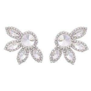 Super Shining Floral Design Rhinestone Women Wholesale Stud Earrings - Silver