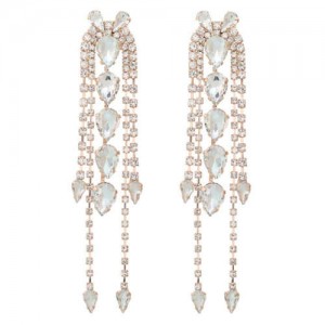 Super Shining Rhinestone Tassel Party Wholesale Costume Earrings - Golden