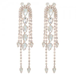 Super Shining Rhinestone Tassel Party Wholesale Costume Earrings - Golden