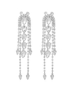 Super Shining Rhinestone Tassel Party Wholesale Costume Earrings - Silver